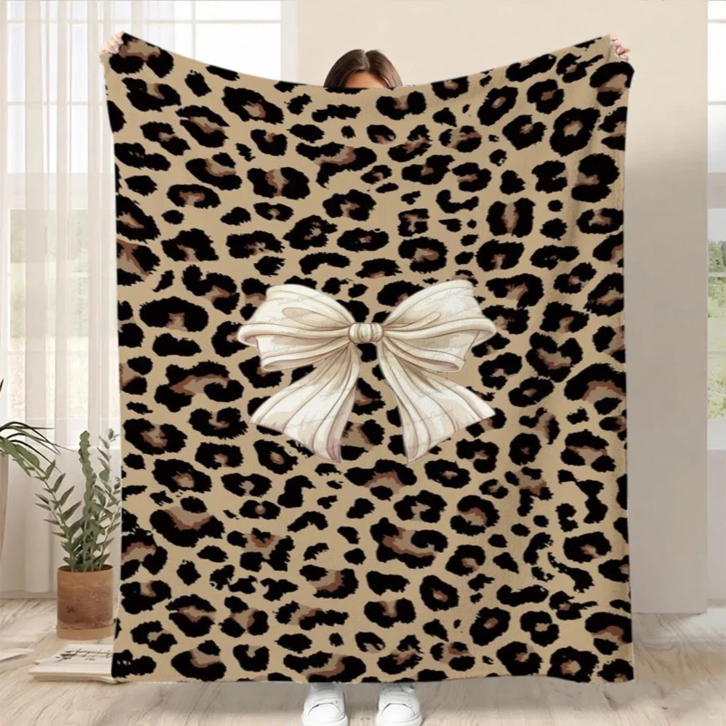 Leopard Print Beige Bow Flannel Blanket For Glam Bedroom Decor Soft Warm Throw Blanket Gift