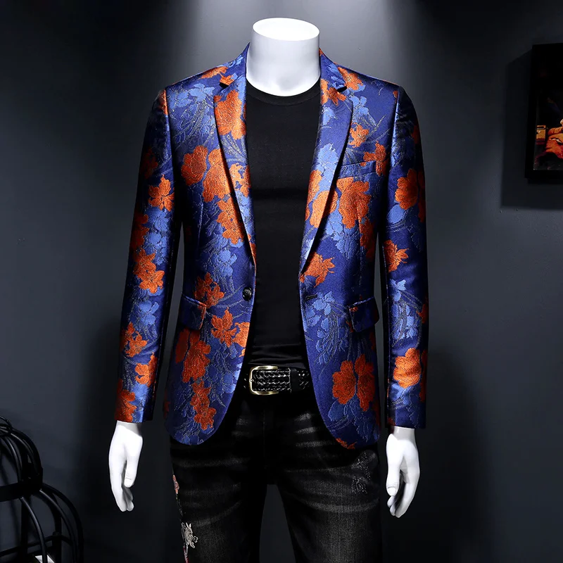 

2023 Single Breasted Long Sleeve Printed Suit Jacket Men Fashion Trim Dress Coat Wedding Business Blazer Masculino -5XL 6XL