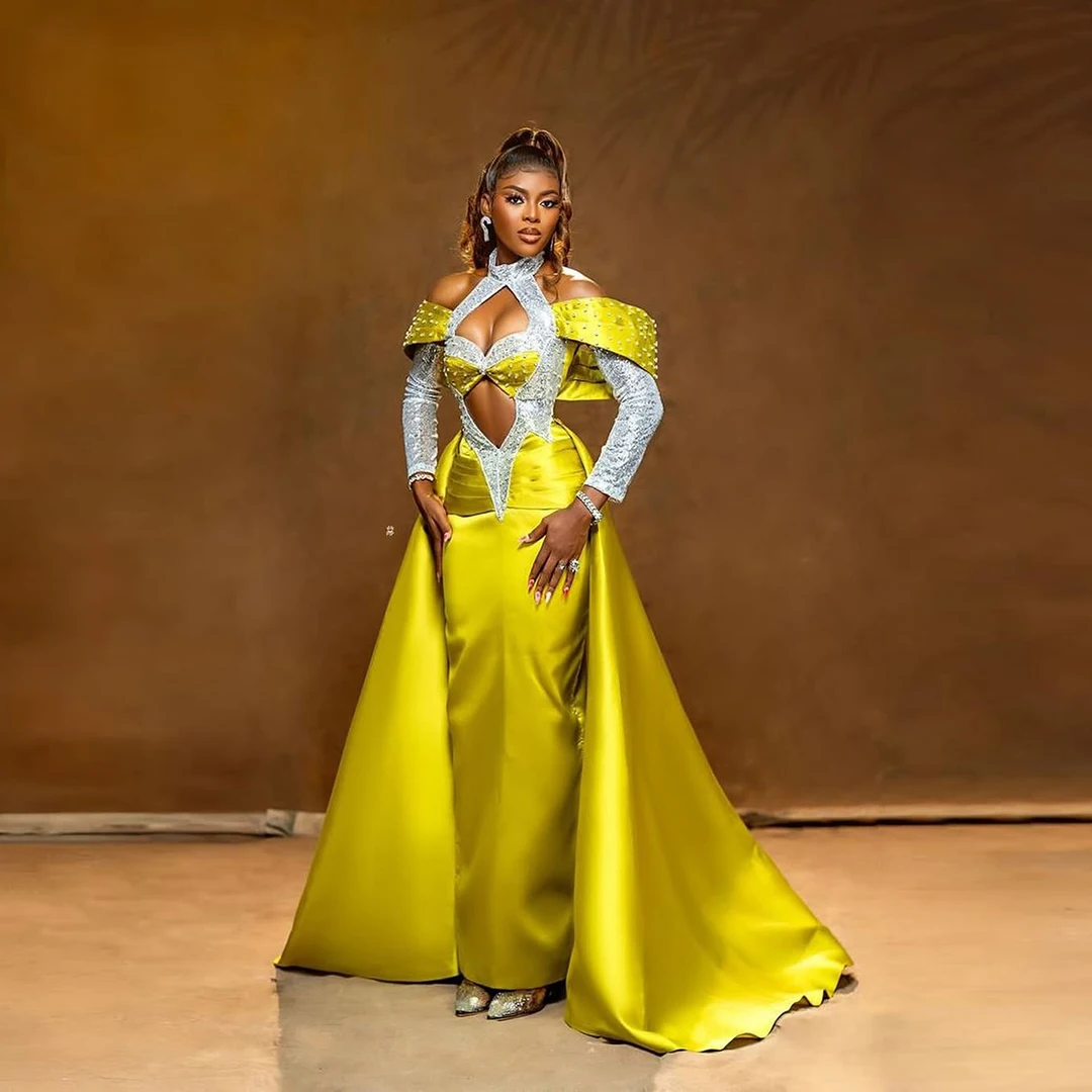 

Glamorous Aso Ebi Beaded Satin Prom Evening Gowns Halter Slivery Sequin Sleeve Africa Formal Occasion Dresses Robe de mariée