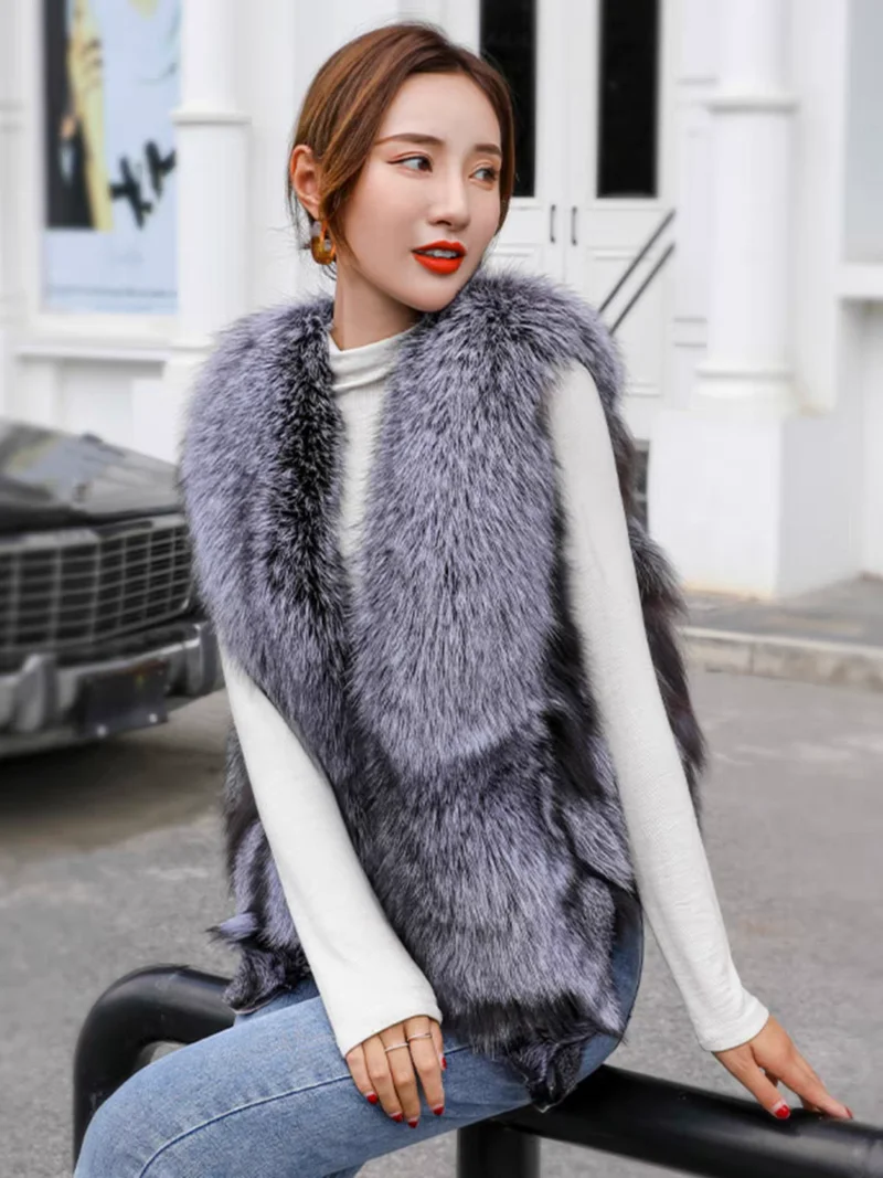 

Fashion Women's Real Fox Fur Coat Female Winter Thicker Warm Real fur Vest Furry Fluffy Natural Fox Fur Parkas