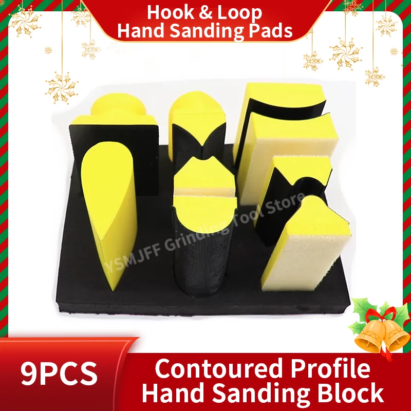 9PCS Hand Sanding Block Pad Set Hook and Loop, Multi Shape Manual Grinding Sanding Blocks for Furniture Restoration Car Wood