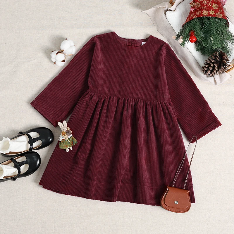 Retro Burgundy Corduroy Christmas Party Girl's Dress Chic Casual Loose Round Neck Pleated Back Buttons Dresses Autumn Clothing