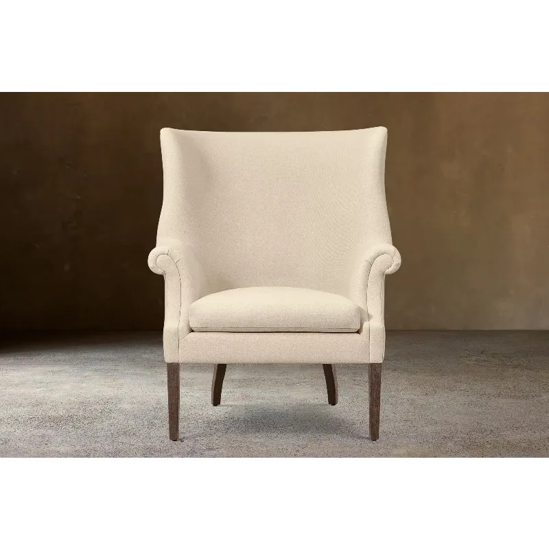 *High Wingback Rolled Scroll Arm Cream Linen Fabric Slightly Curved Dark Oak Leg Traditional Accent Armchair