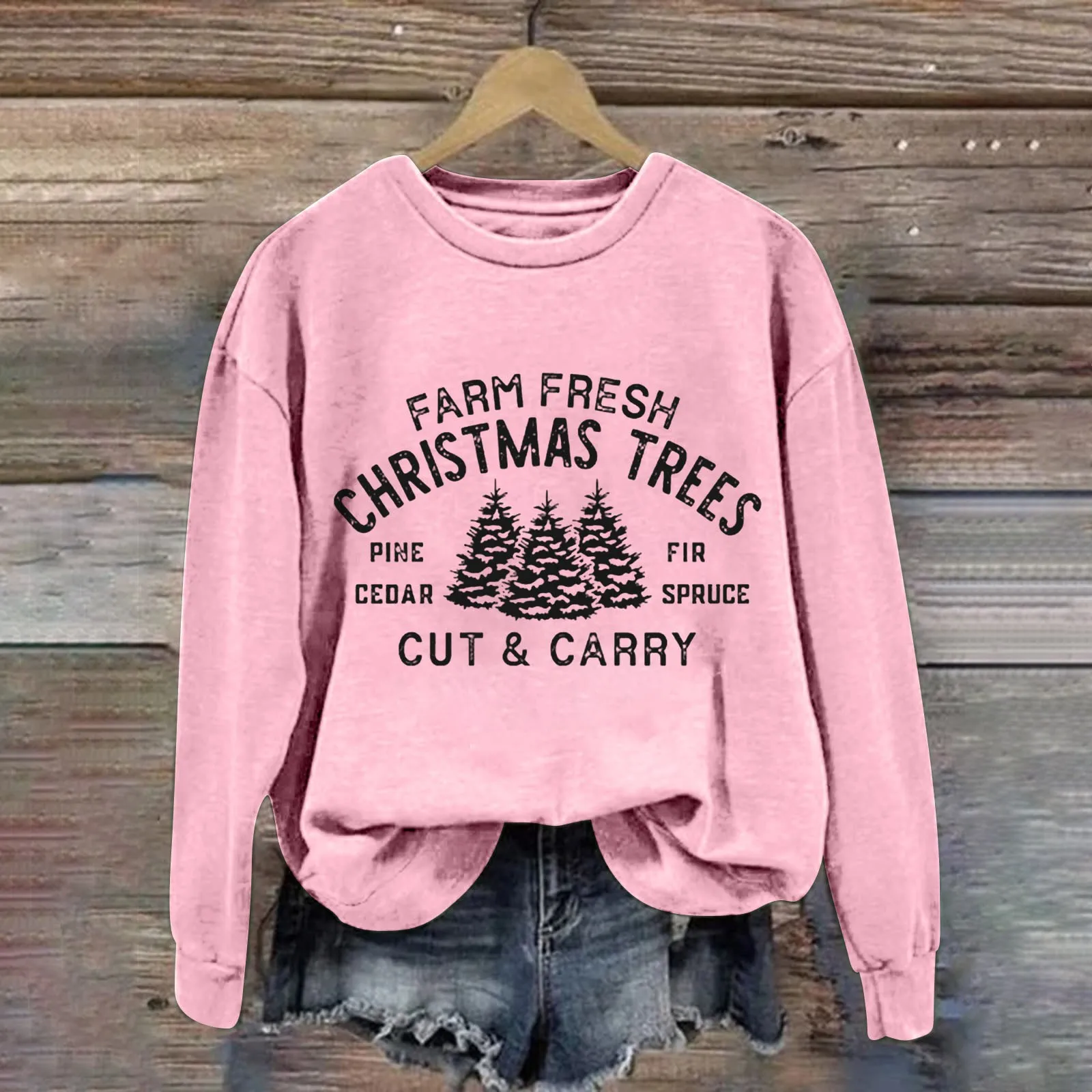 Farm Fresh Carry Christmas Trees Women'S Letter Christmas Tree Print Round Neck Long Sleeved Shirt Soft Fabric Autumn Sweatshirt