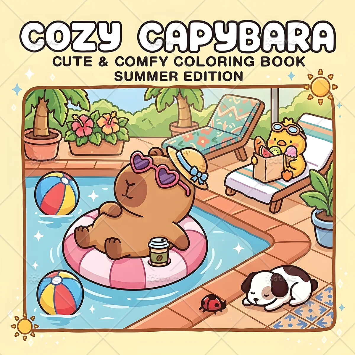 Cozy Capybara Coloring Book Summer Edition, Cute Lazy Capybara Summer Scenes, Stress Relief Relaxing Art Drawing Book for Adults
