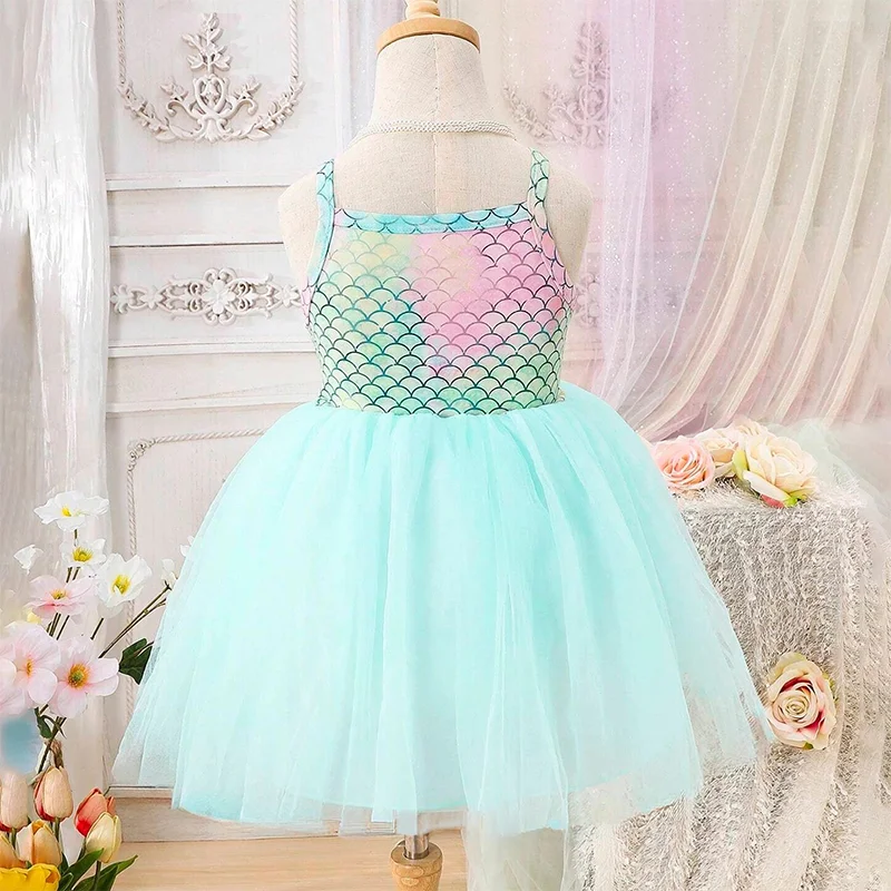 Girls' Sleeveless Sling Mermaid Princess Vestidos, Roupas infantis, Algodão, Impresso, Bonito, Bebê, Birthday Party, Traje