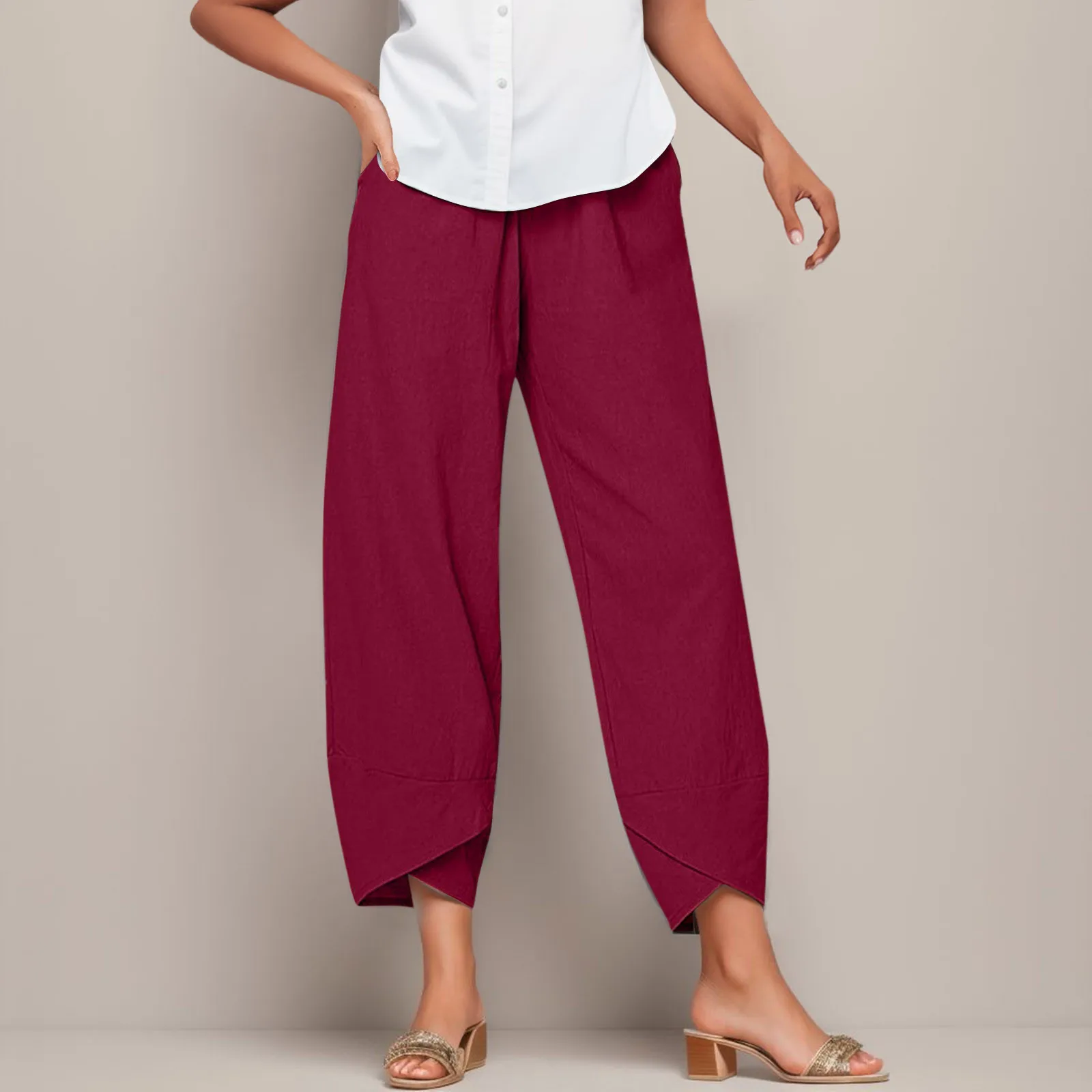 Pantalones holgados de cintura alta para mujer, pantalón de bolsillo, sólido, elástico, informal, a la moda, nueve minutos