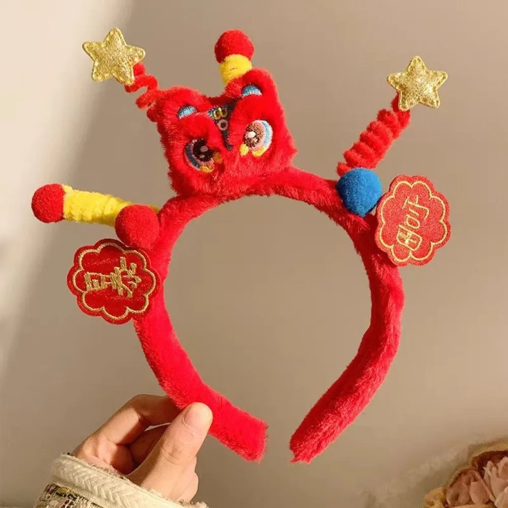 

Sweet Lion New Year Hair Hoop Embroidered Bow Tassel Red Plush Headband Flower Tang Suit Ancient Style Hairband Winter