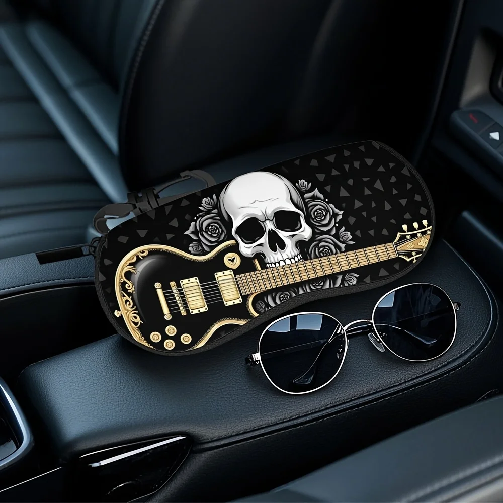 1pc Goth Rock Music Skull Guitar Design Fashion Glass Case, Soft and Durable Eyeglass Box with Buckle Clip, Secure Zippered