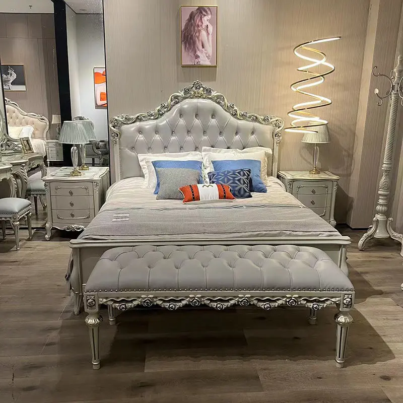 European solid wood leather bed first layer cowhide simple bedroom double master bed high-end luxury European and American class