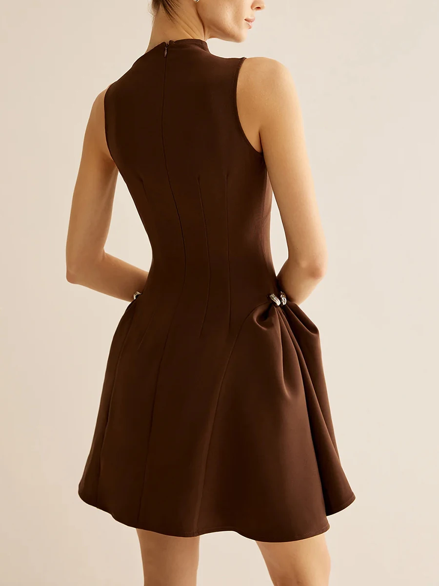 TWOTWINSTYLE Solid Slimming A Line Dress For Women Round Neck Sleeveless High Waist Minimalist Temperament Dresses Female New