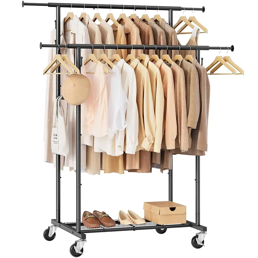 

Double Rod Garment Ra With Wheels, Heavy Duty Rolling Clothes Ra For Hanging Clothes, Portable Metal Clothing Ra With
