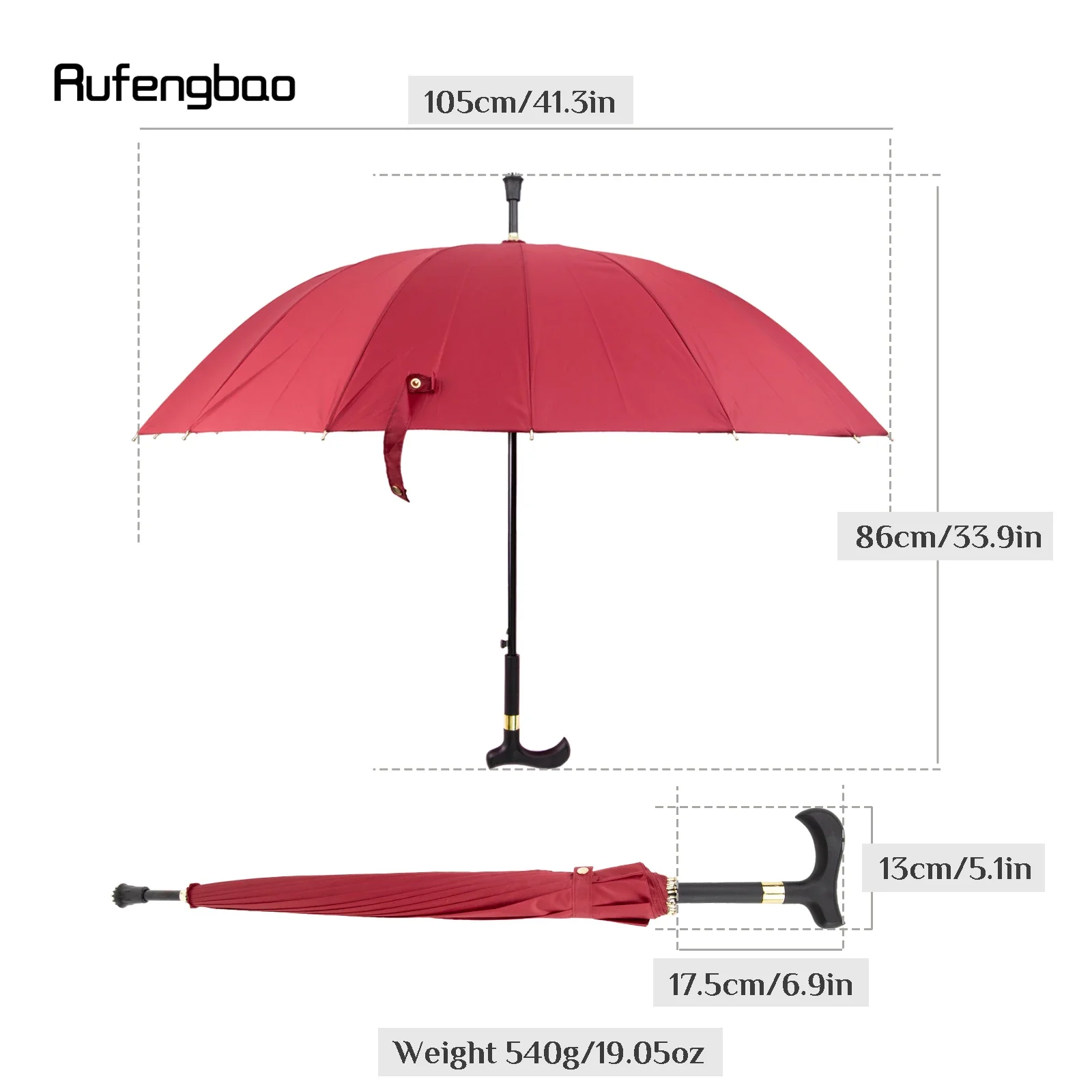 Ombrello in canna antivento automatico rosso, ombrello allargato con manico lungo per entrambi i giorni soleggiati e piovosi bastone da passeggio Crosier 86 cm