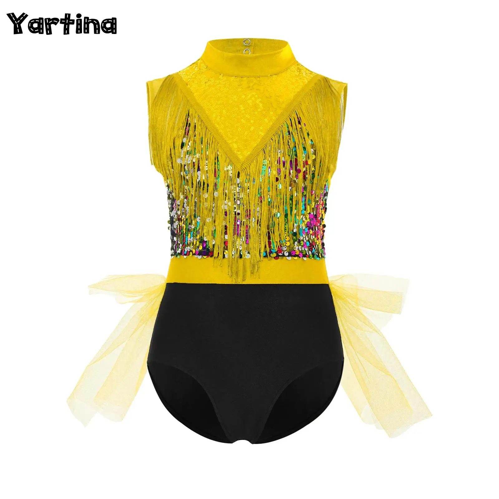 Kinderen Meisjes Gymnastiek Latin Jazz Dansvoorstelling Kostuum Uitsparing Kwasten Maillots Bodysuit Glanzende Pailletten Lijn Dans Body Tops