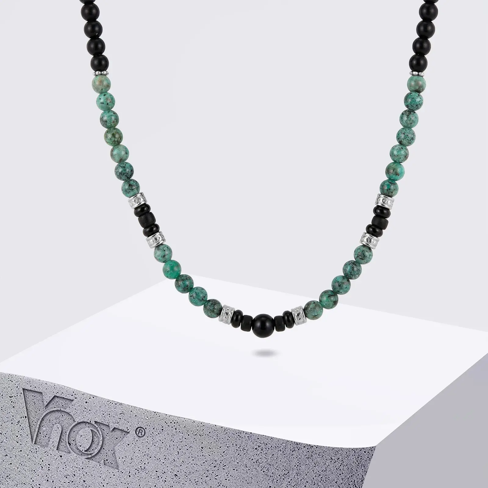 Vnox Men's Stainless Steel Natural Stone Beaded Necklace Adjustable Green Lucky Choker Casual Boho Beach Jewelry Gift for Boys