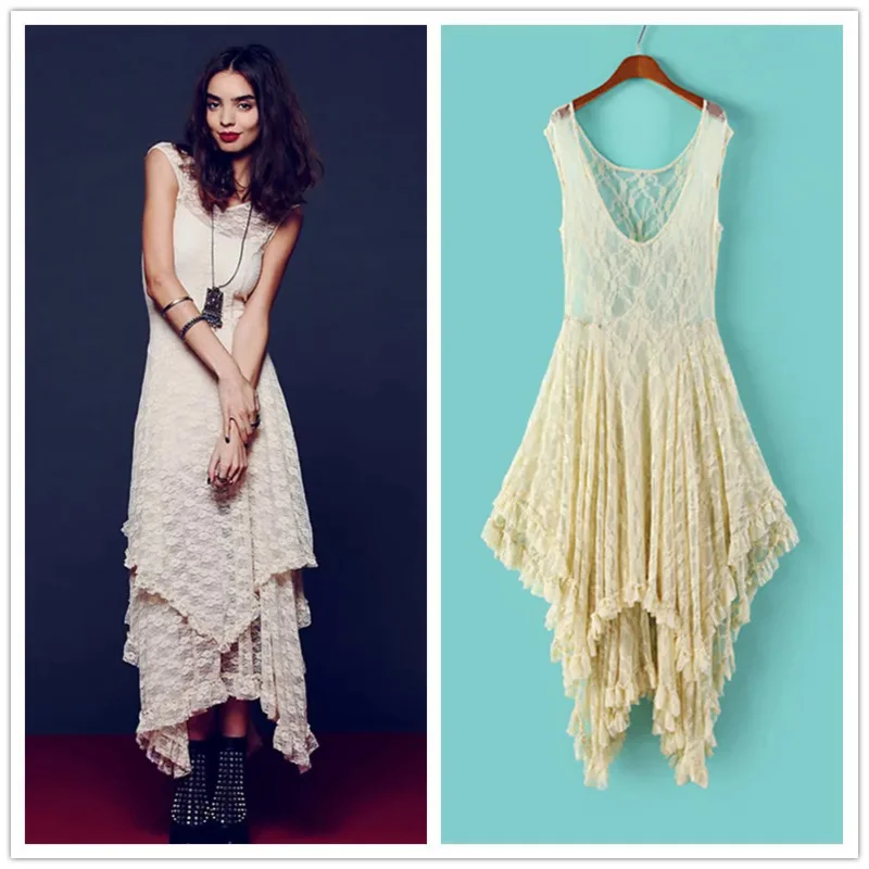 Vestido de encaje Irregular estilo bohemio Hippie, bordado asimétrico, vestidos largos transparentes de doble capa con volantes, recorte bajo sin forro