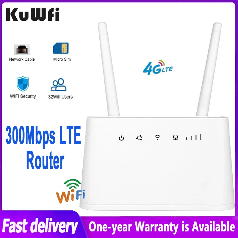 KuWFi 4G LTE Router 300Mbps Wireless Wifi Router with SIM Card Slot 2 Roots External Antennas Wifi Hotspot Support 32 Users