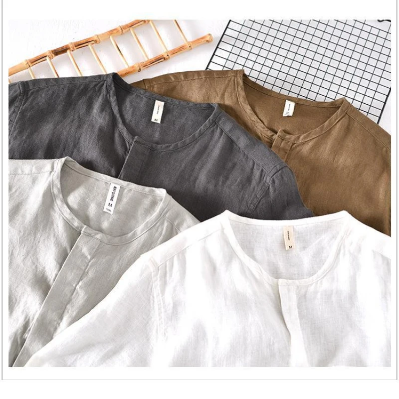 Męskie lniane koszule cienkie Vintage kolor koszula męska koszule na co dzień oddychająca wygodna pościel