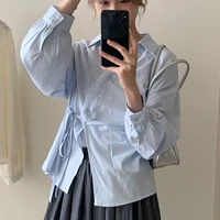 French Lace Patchwork V Neck Blouse for Women 2026 Trends Irregular Bandage Long Sleeve Shirt Woman Elegant Loose White Blouses - Image 5
