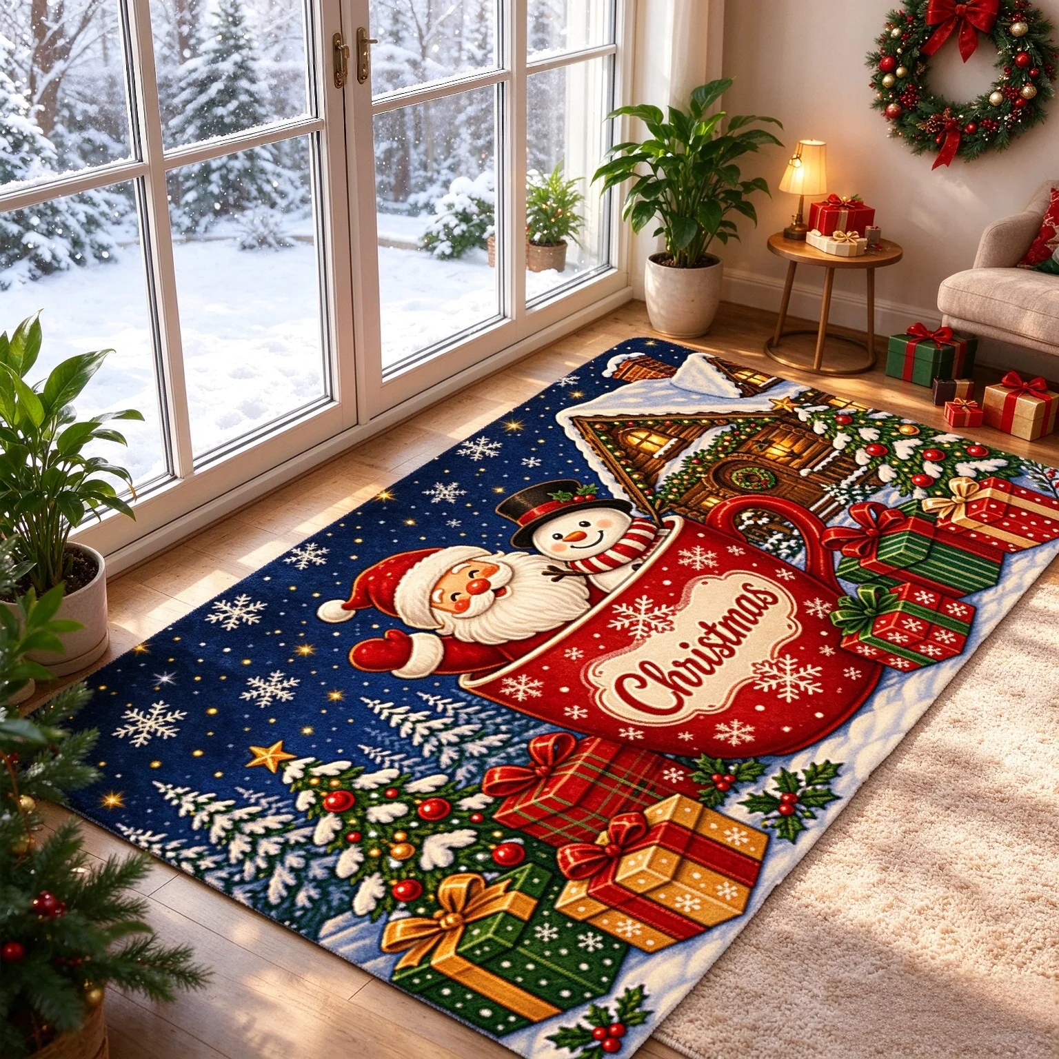 Xmas Teacup Santa Snowman Floor Rug Festive Gift Box Print Carpet Holiday Accent For Indoor Entryway
