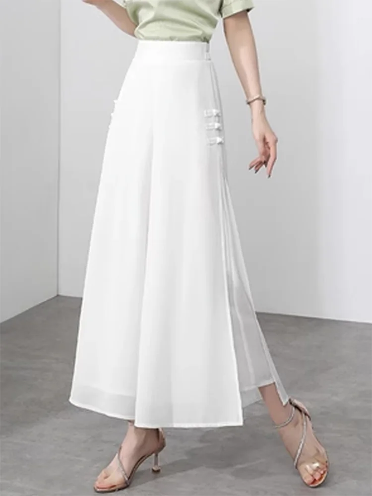 High Waist Wide Leg Pants for Women with Slits Chiffon Nine Point Pants Loose Slimming Summer Skirt Pants Drapey White