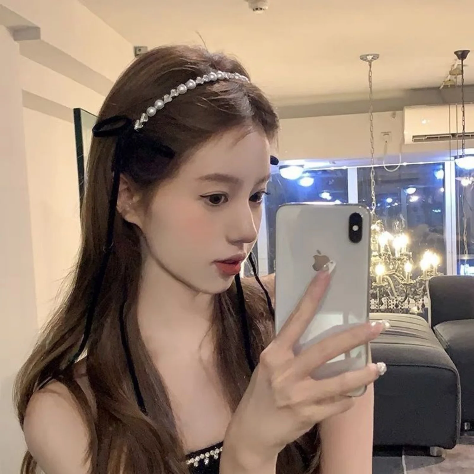 قطعة واحدة من عصابة رأس على شكل فيونكة لؤلؤية للنساء، نمط الخريف والشتاء، شريط ربط الشعر، إكسسوار للشعر من الحرير الفرنسي