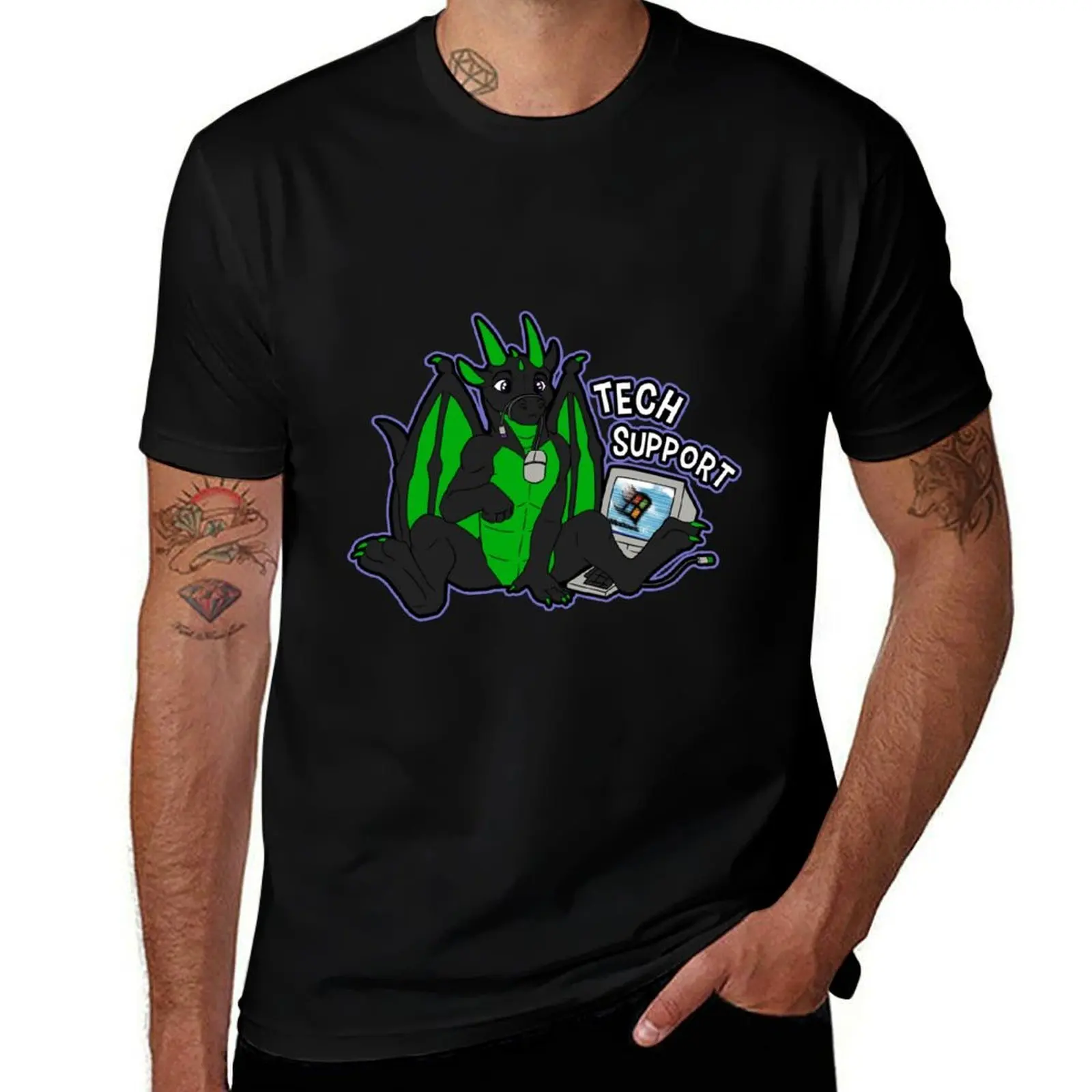 Tech Support Dragon - Black Green T-Shirt Big Size Loose Fit Tee Shirt