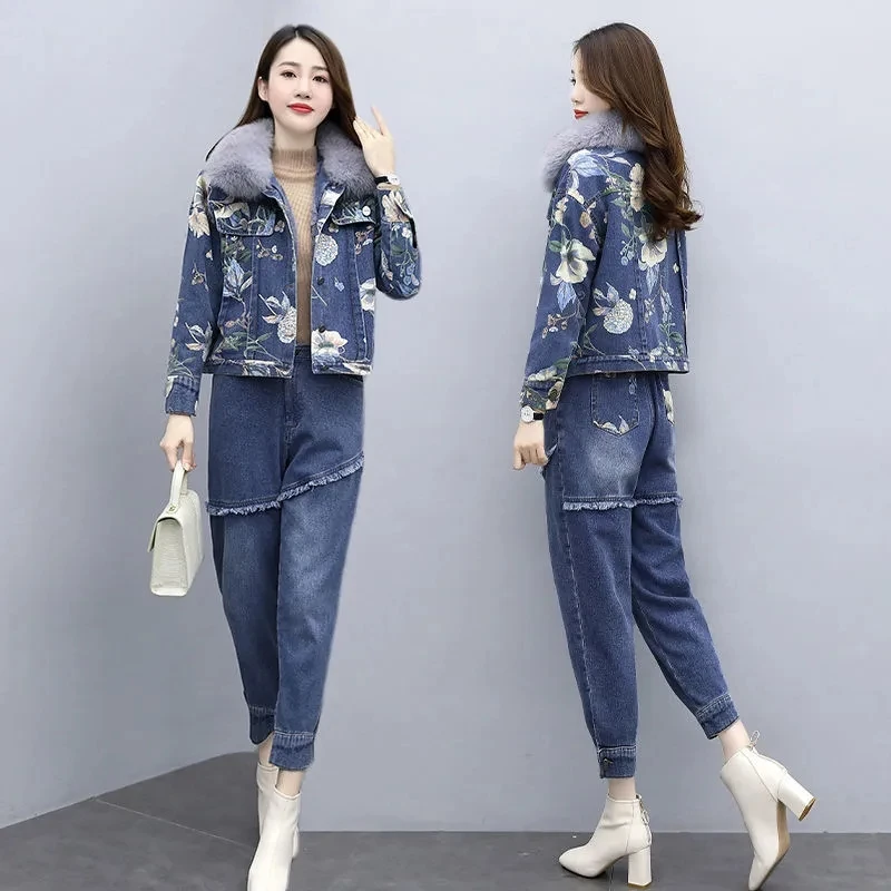 Heavy industry Printing Jeans Sets Fashion Retro Denim Jacket Short Elastic Waist Wide Leg Pants Women's 2024 Spring Autumn