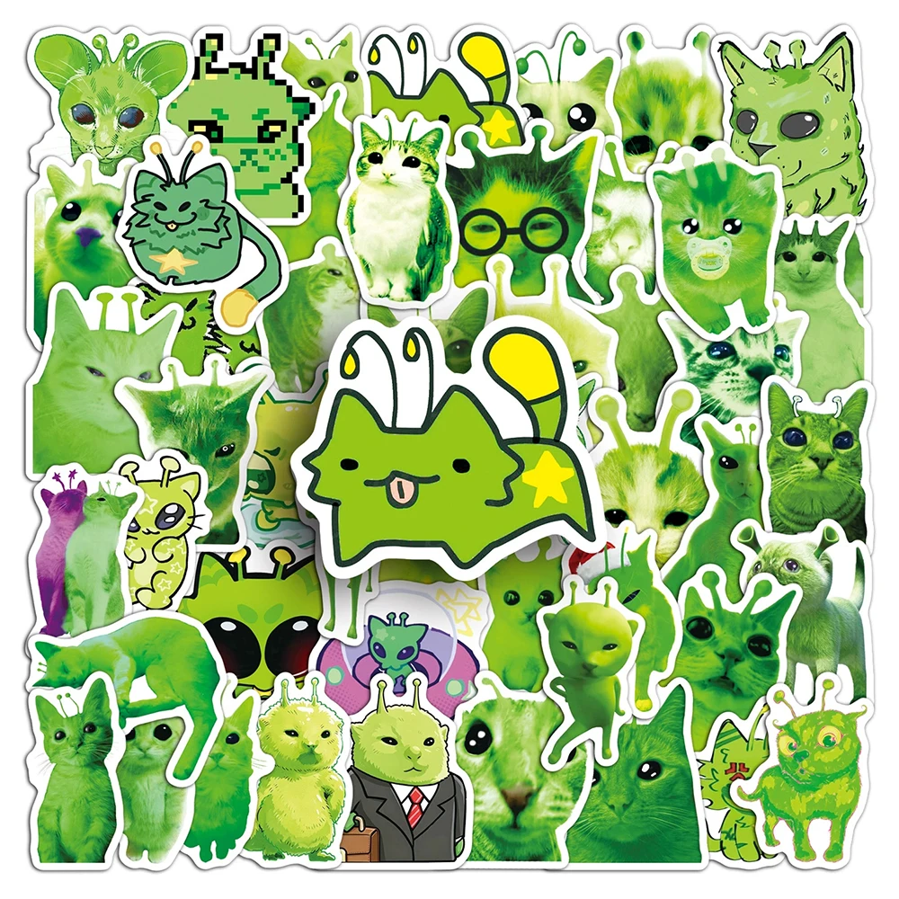 10/30/50pcs Green Alien Cat MEME Graffiti Stickers Abstract Animal Decals DIY Laptop Journal Notebook Funny Cartoon Sticker Pack