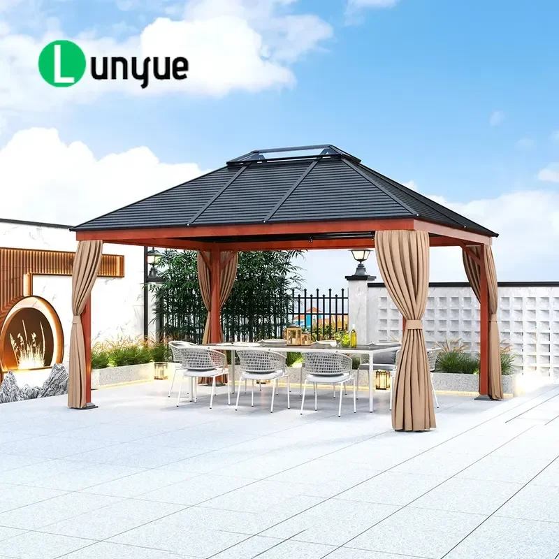 Modern Large Outdoor Garden Pavilion Metal Roof Wood Grain Color Manual Operation Durable Weather Resistant Patio Gazebo