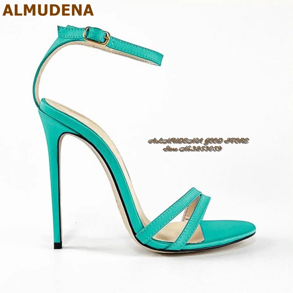 

ALMUDENA Turquoise Pink Satin Cloth Strap Sandals Stiletto Heels Ankle Buckle Elegant Dress Shoes Simple Evening Banquet Pumps