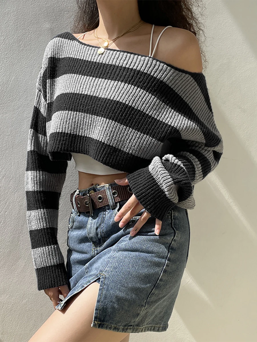 Women Striped Sweater Off Shoulder Long Sleeve Cropped Sweaters Loose Knitted Tops