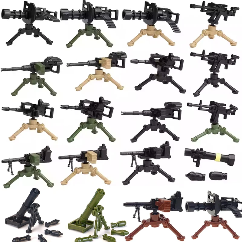 Military WWII Soldier Figure Building Blocks Gatling M2 Heavy Machine Aviation Gun NSV Bullet Chain Mortar ZB53 Parachut Toy T12