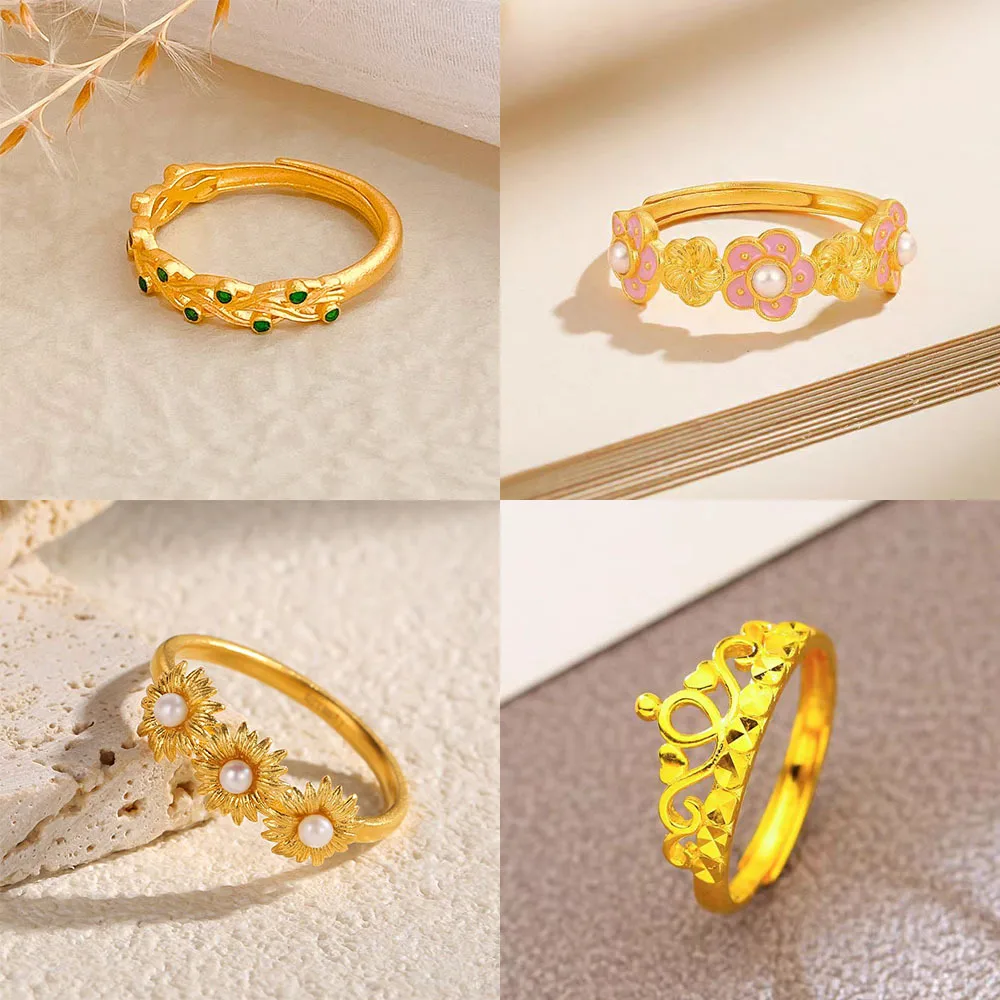 9999 24K gold ring for women, fashionable temperament, versatile open ring, sun flower inlaid pearl crown ring hand decoration