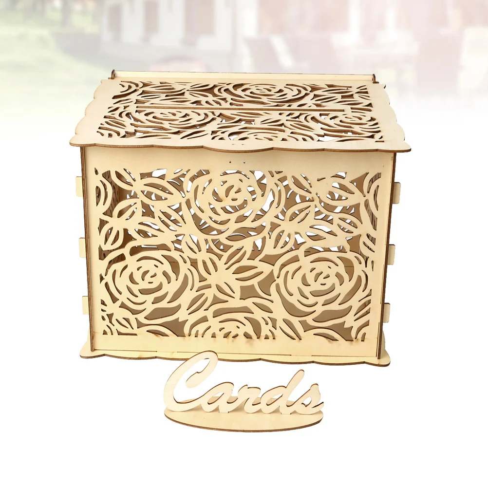 

Wooden Wedding Box Large Size Rose Pattern Hollow Out Design DIY Supplies Candy Card Flower Storage Box Handmade Wedding Favor