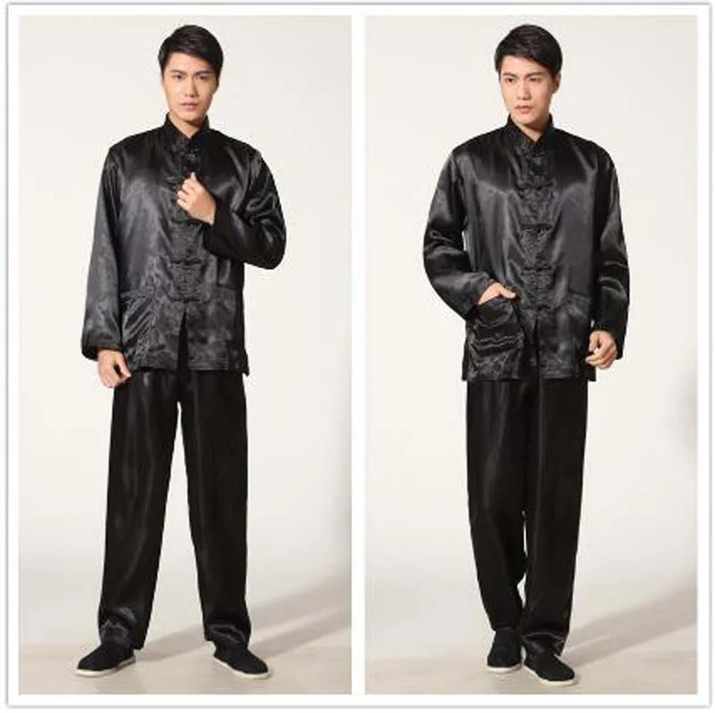 Chinese Traditional Kung Fu Suit Men High Quality Satin Tang Pajamas Casual Home Gown Male Solid Wu Shu Sets Jacket+Long Pants