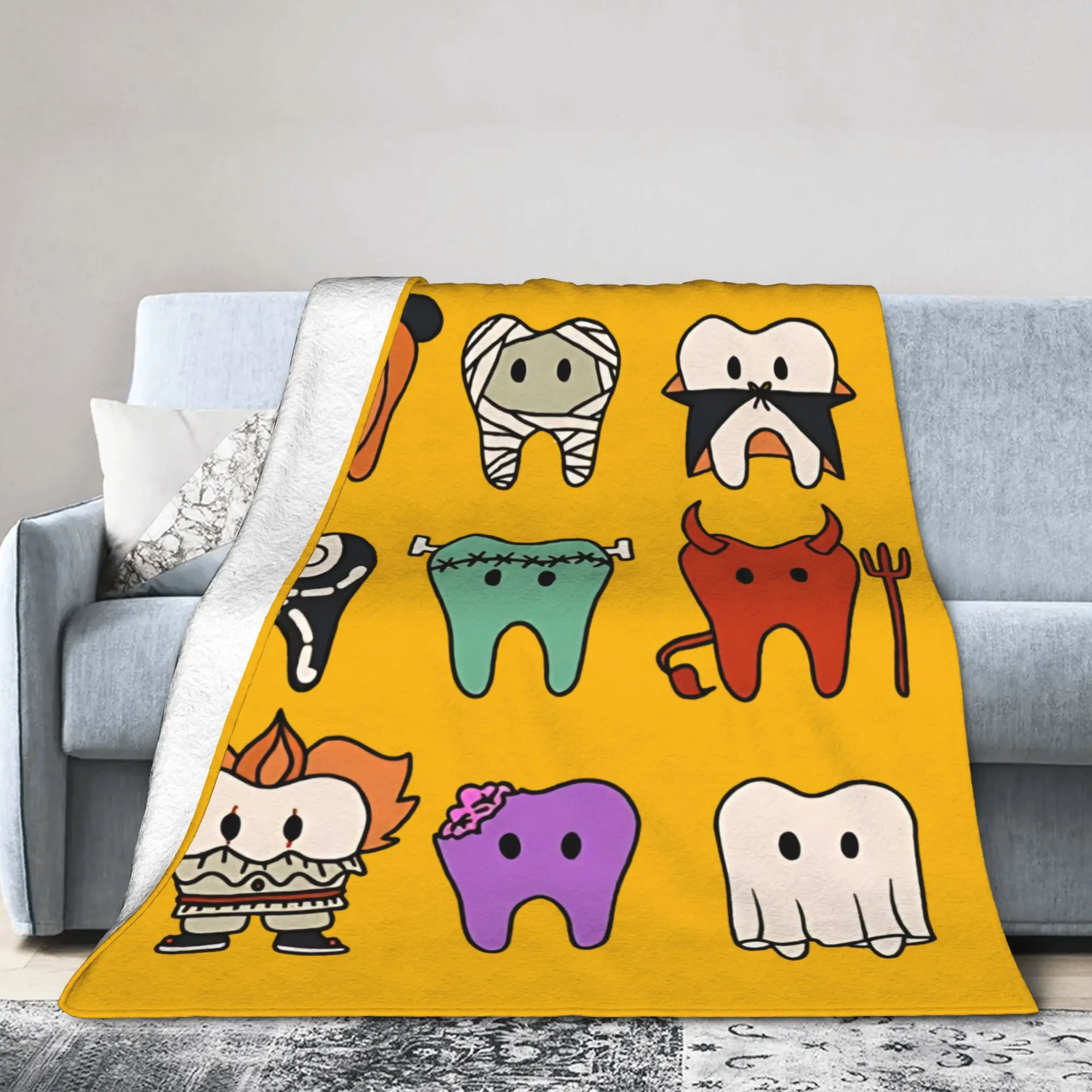 Cute teeth dressed up Blanket Cartoon Teeth Helloween Fleece Throw Blanket Bed Sofa Printed Soft Warm Bedsprea,