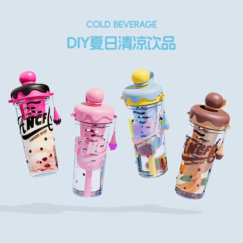 Cute Trendy Portable Plastic Tumbler with Strap, Large Capacity Tea Infuser Water Bottle Outdoor Sports Straw Cup for Car Travel