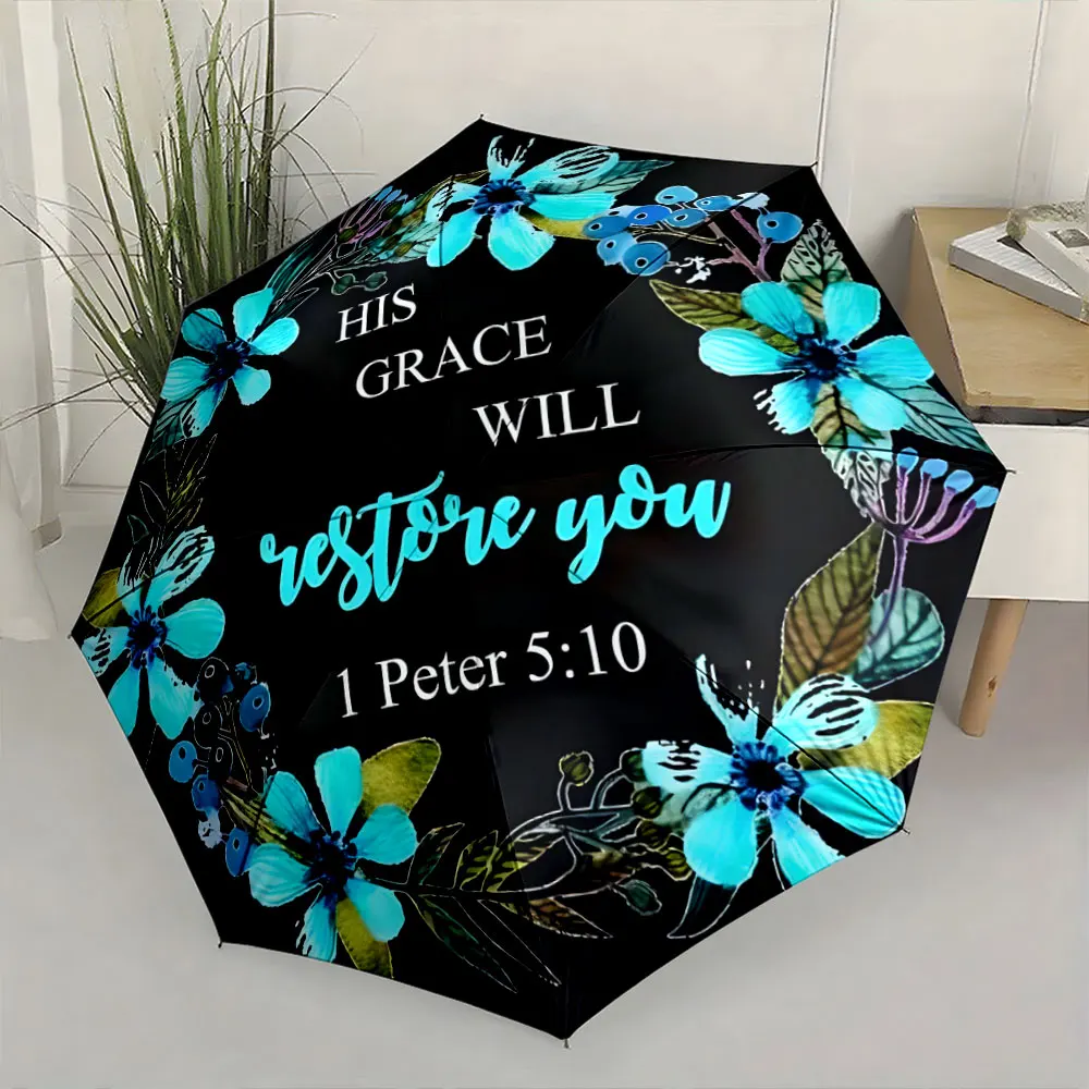 1PC Faithful Grace: His Words on a Floral Umbrella Print 8 Iron Ribs Folding Umbrella Auto-Open Fashion Sunshade