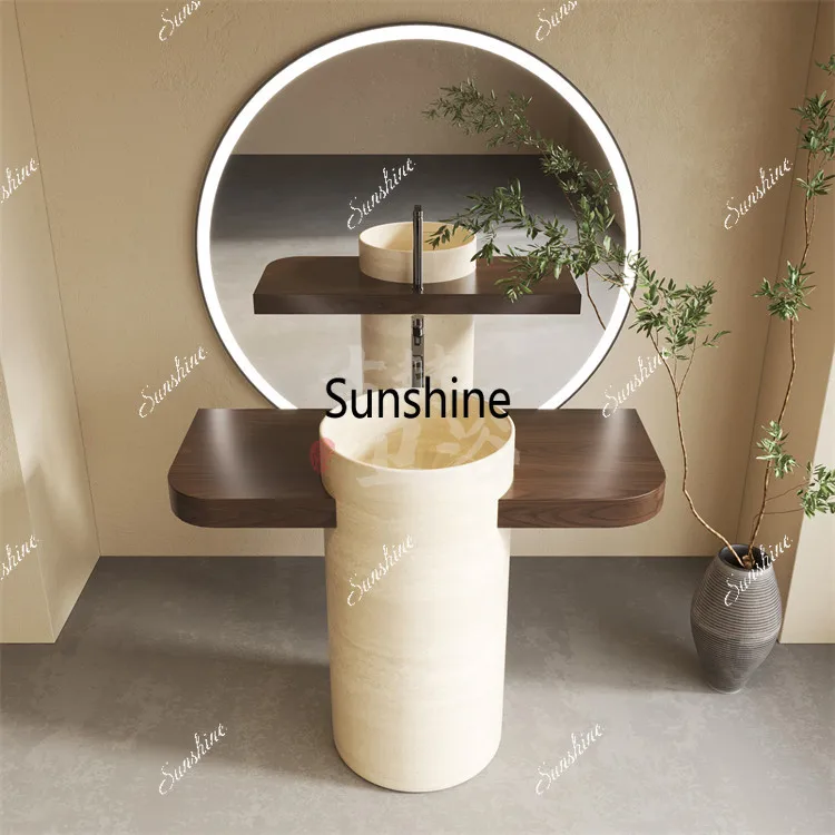 Retro travertine floor-to-ceiling T-shaped hand wash bathroom cabinet
