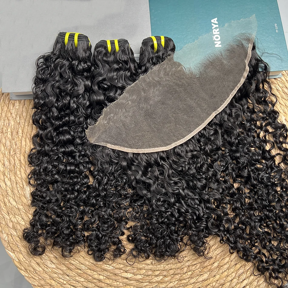 Burmese Curly Bundles With 13x4 HD Transparent Lace Frontal Human Hair Preplucked Lace #1B Natural Color Hair Weave Extensions