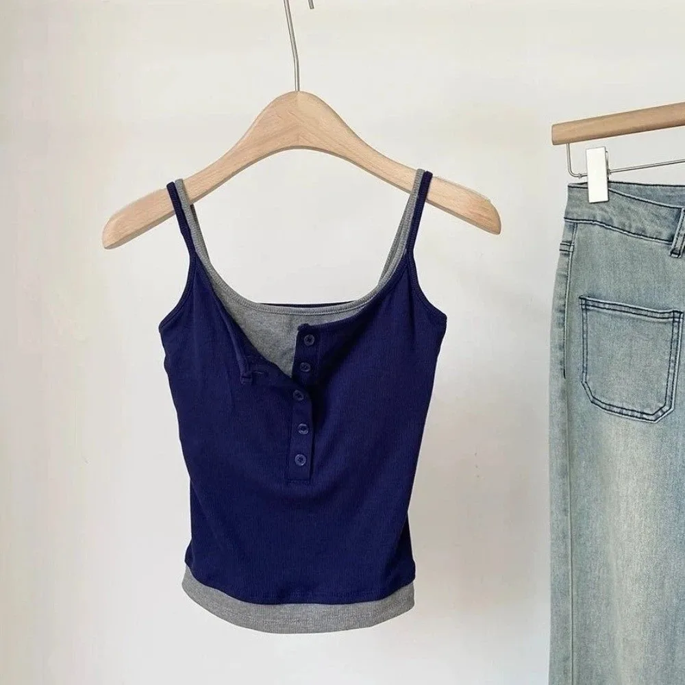 Tank Top Color Blocking Crop Top Square Neck Sleeveless Women's Camisole Slim Fit Button Underwear Sling Vest Top Commute