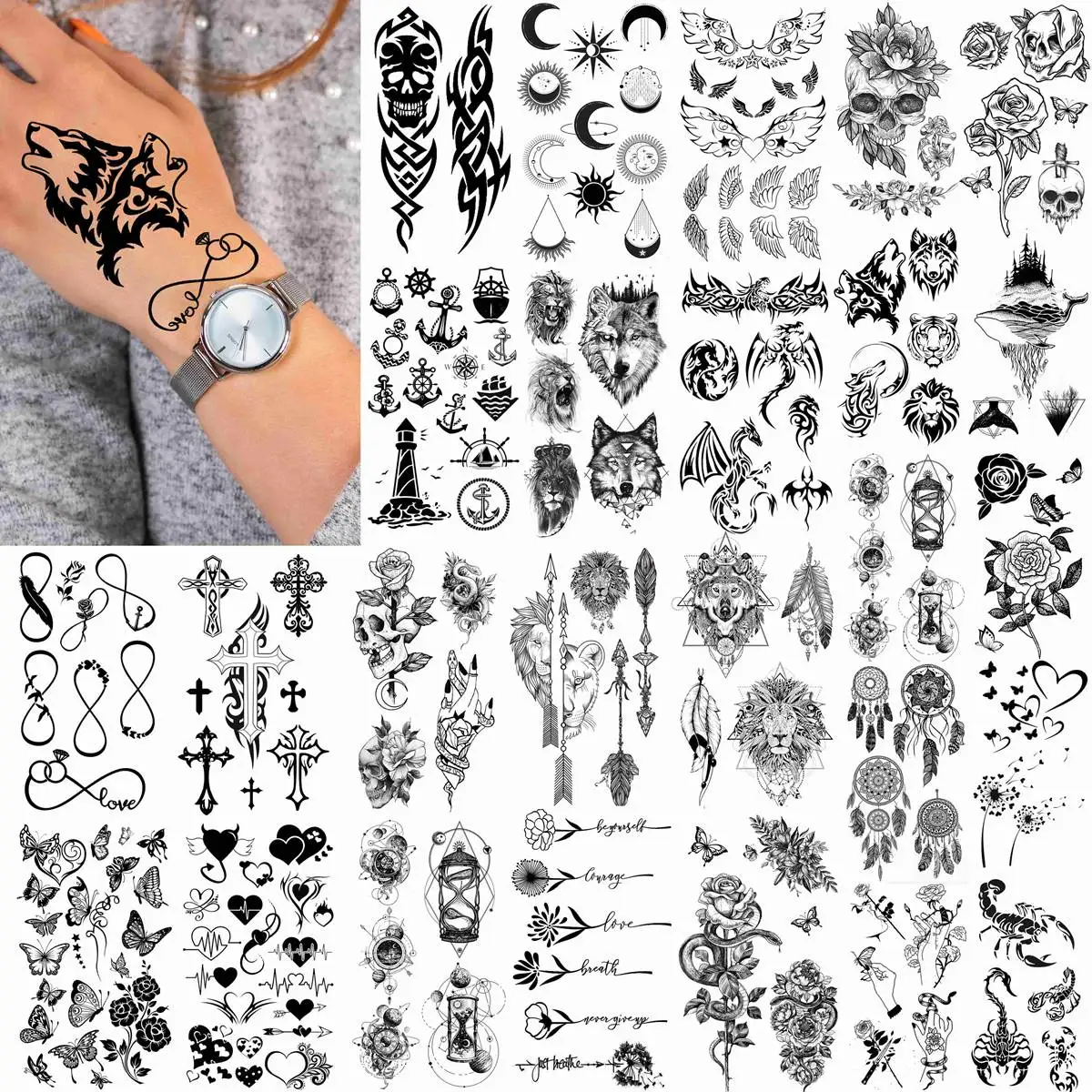 52 Sheets DIY Tiny Temporary Tattoos Sticker For Adults Finger Fake Crown Infinity Tattoo Black Stars Letters Star Tatoos Paste