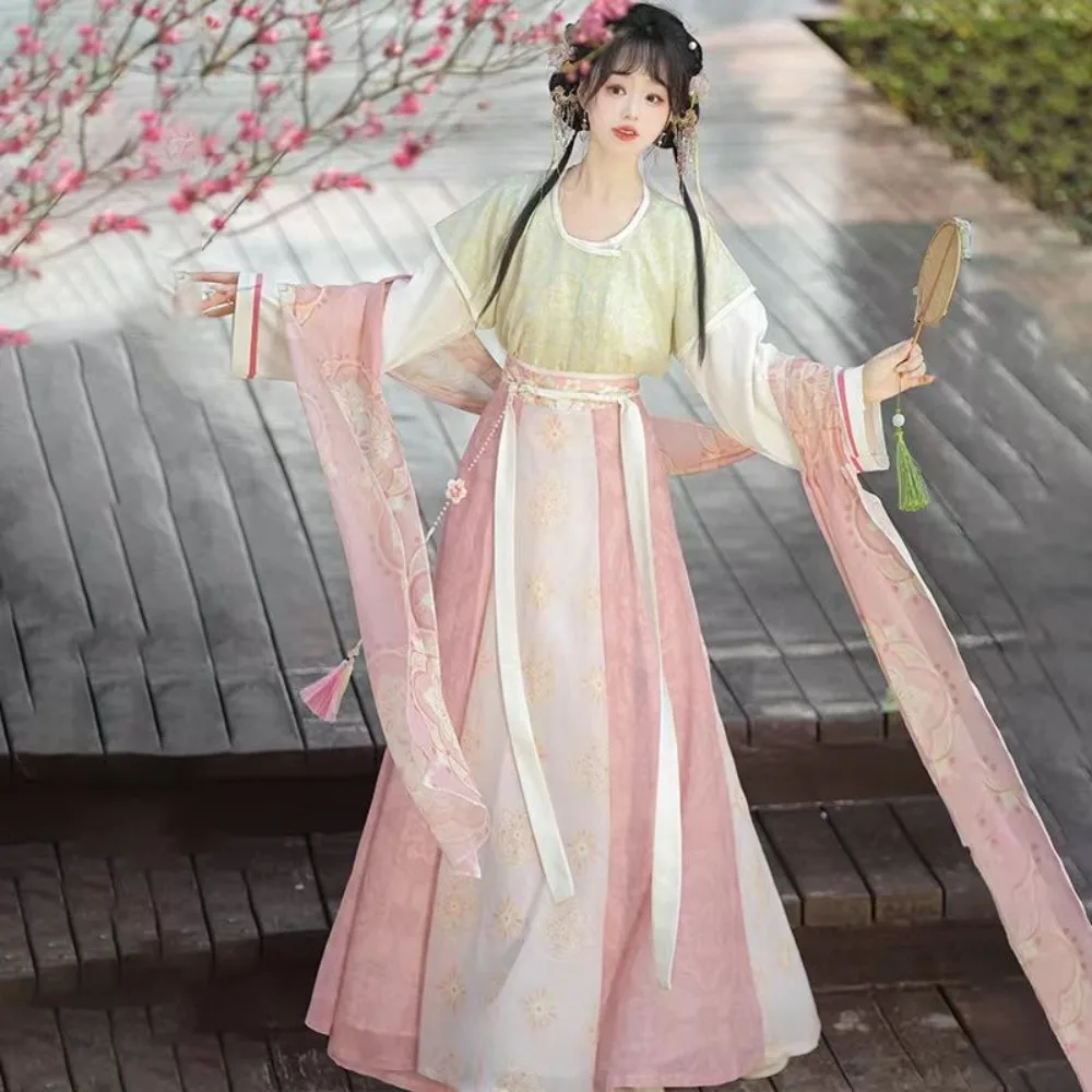 ‌ 오리지널 당나라 한복 세트 - 여성용 라운드 칼라 베이지 + 하이웨이스트 롱 스커트 3피스 전통 중국 스타일 한복 의상