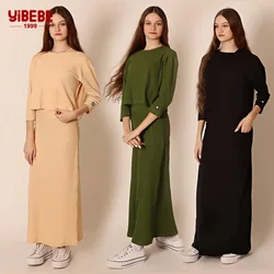 AA-Womens 2 Piece Outfit Rib Knit Long Sleeve Crop Top Maxi Bodycon Dress Set with Pockets Teen Crew Neck Tops  Sleeveless Dress