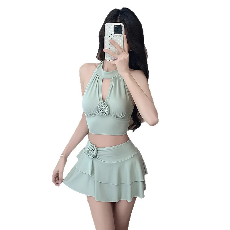 2025 Costume da bagno estivo Tankini per donna Sexy scollo all'americana Backless Fiore Gonna a pieghe Costumi da bagno Vacanza al mare Costume Ragazza Regali