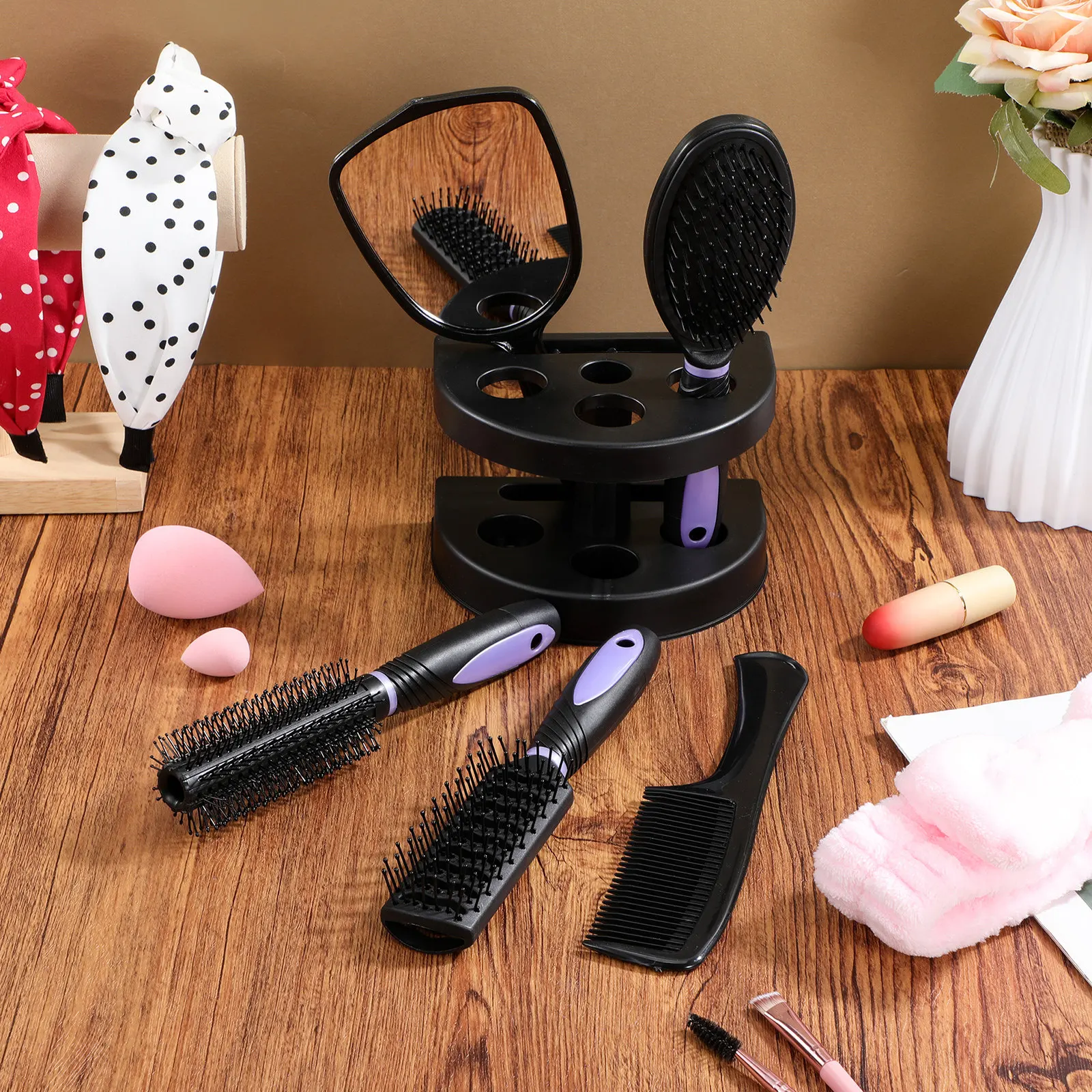 

5pcs Hair Comb Set Purple Compact Lightweight Anti-Static Detangling Brush For Curls Comb Mirror Set Salon Home Outdoor Use