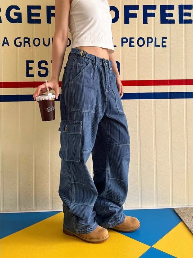 

ADAgirl Blue Cargo Jeans Women Hip Hop Vintage Oversize Pockets Stripe Patchwork Wide Leg Denim Pants Y2k Causal Female Trousers