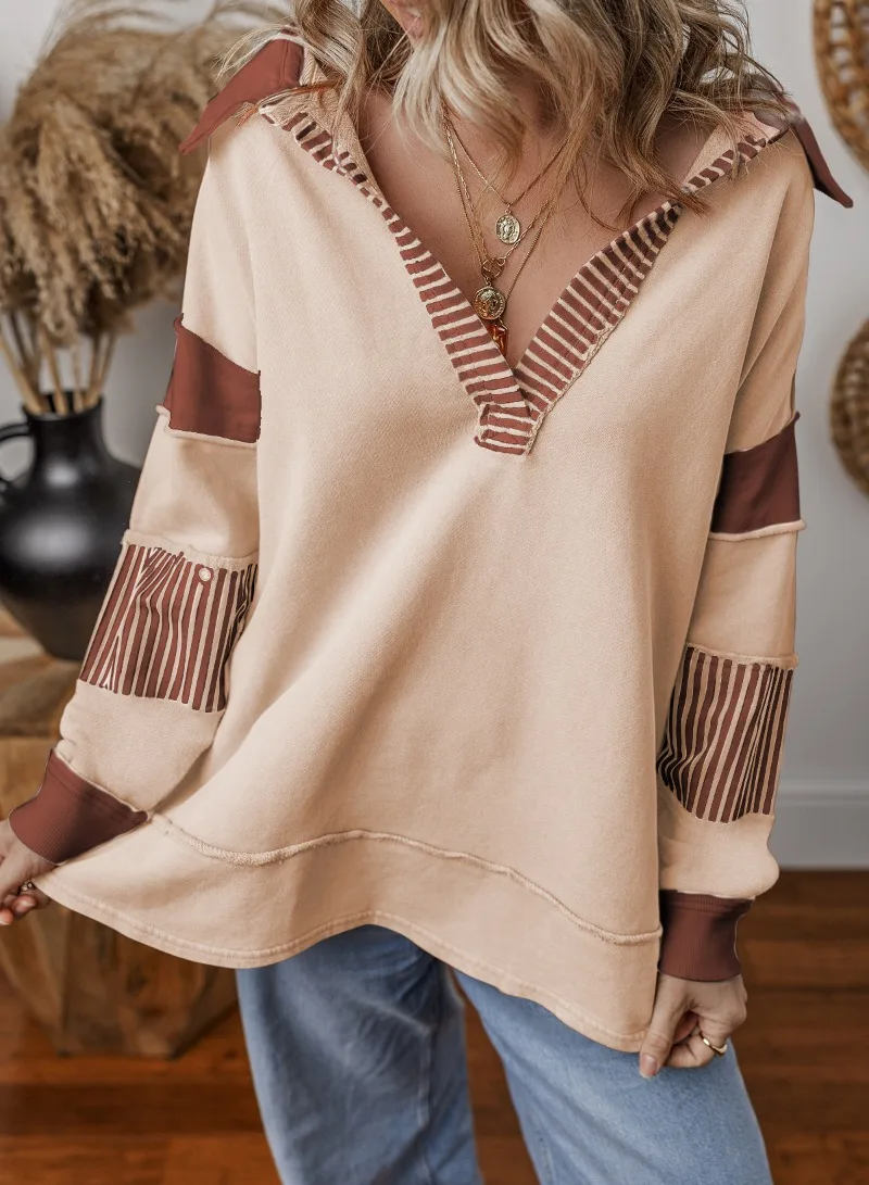 

2025 Casual Versatile Deep V-neck Pullover Striped Color Blocked Long Sleeved Loose Sweatshirt Top
