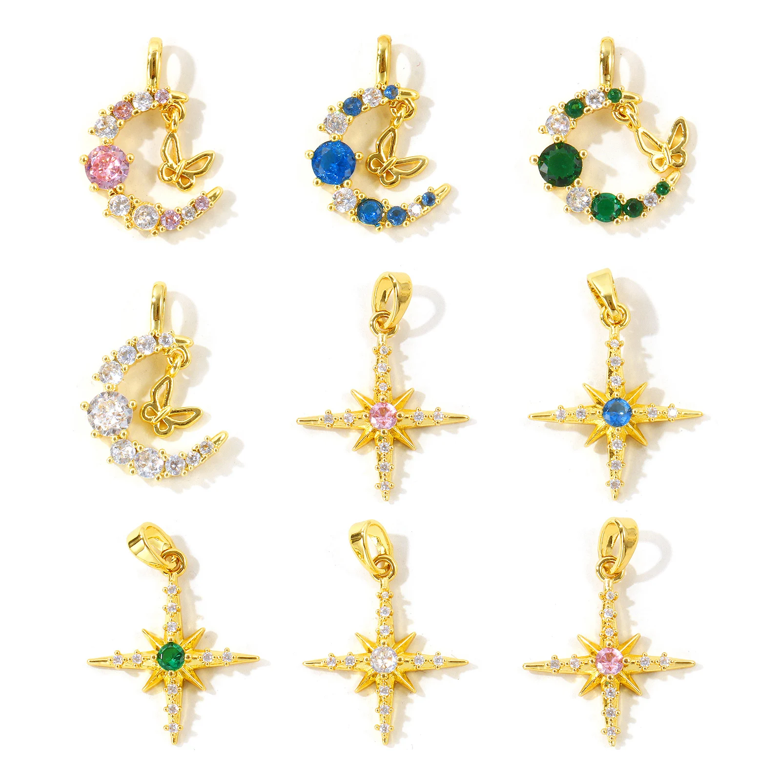 2pcs Galaxy Half Moon Star Multicolour Cubic Zirconia Pendants 18K Gold Plated Brass Charms For Women DIY Necklace Jewelry Gift